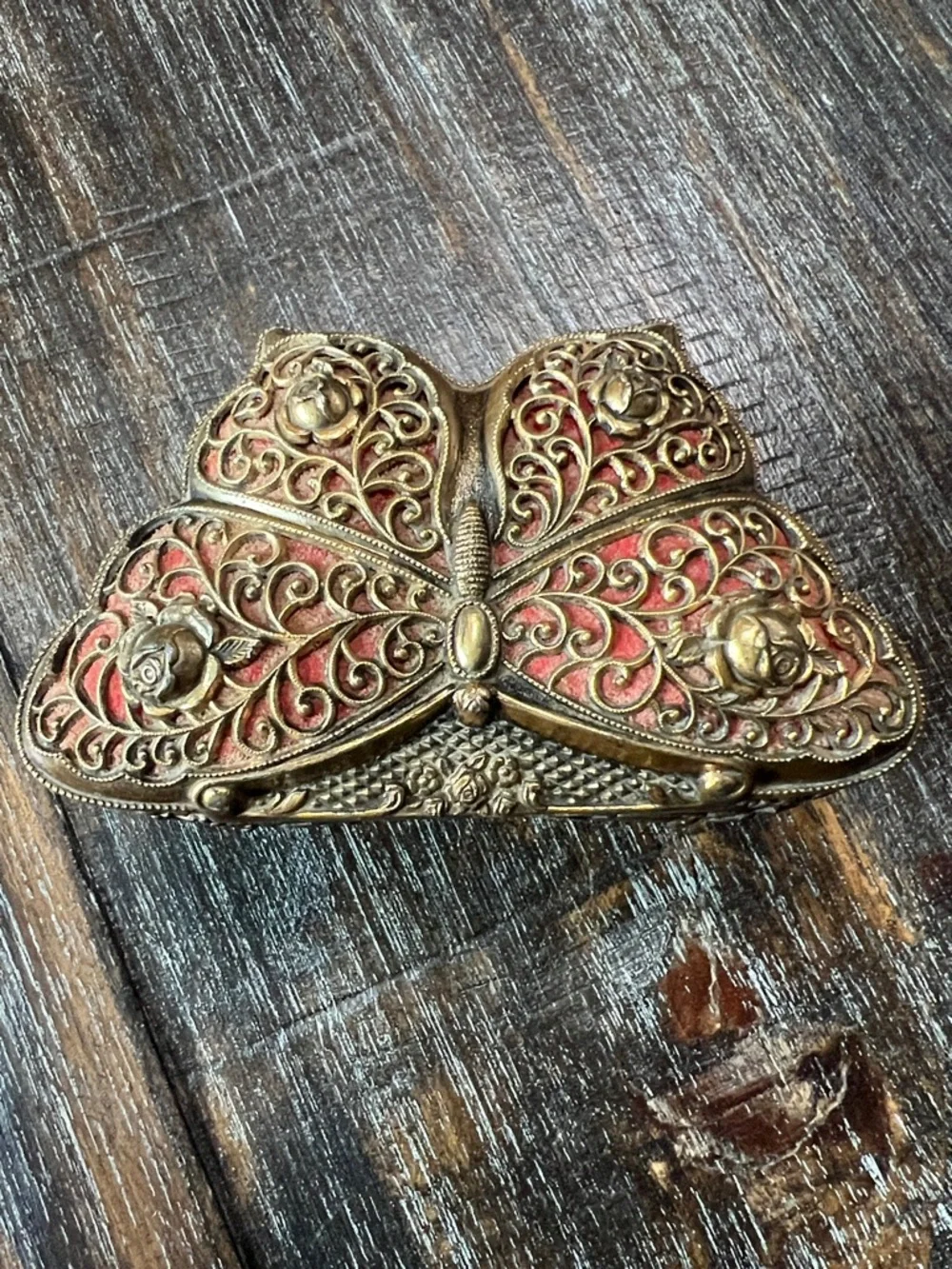 Ornate Butterfly Filigree Trinket Box in Antique Gold and Red Vintage